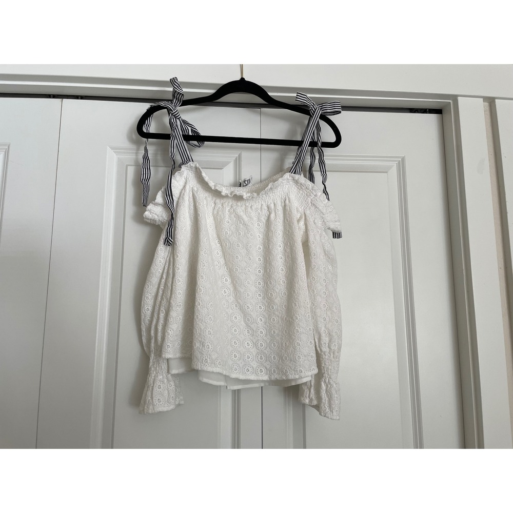 White Off Shoulder Eyelet Smocked Removable Strap Long Sleeve Coquette Top Small
